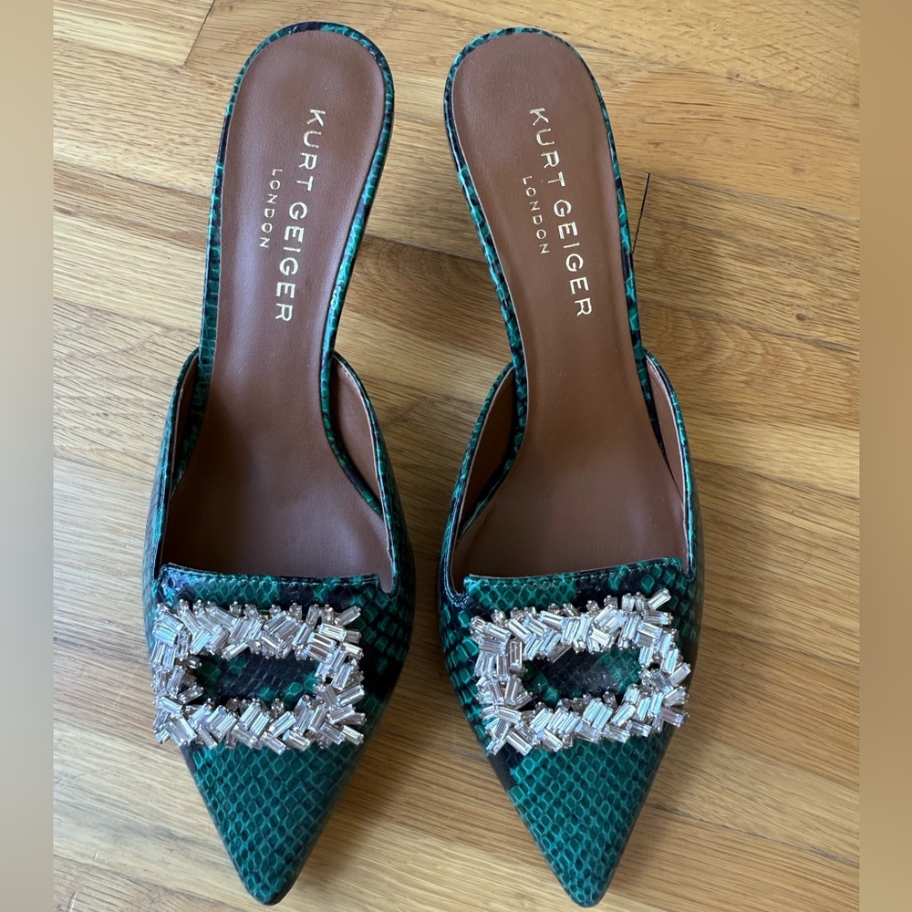Kurt Geiger Pia Jewel Green Snakeskin Mule size 8.5